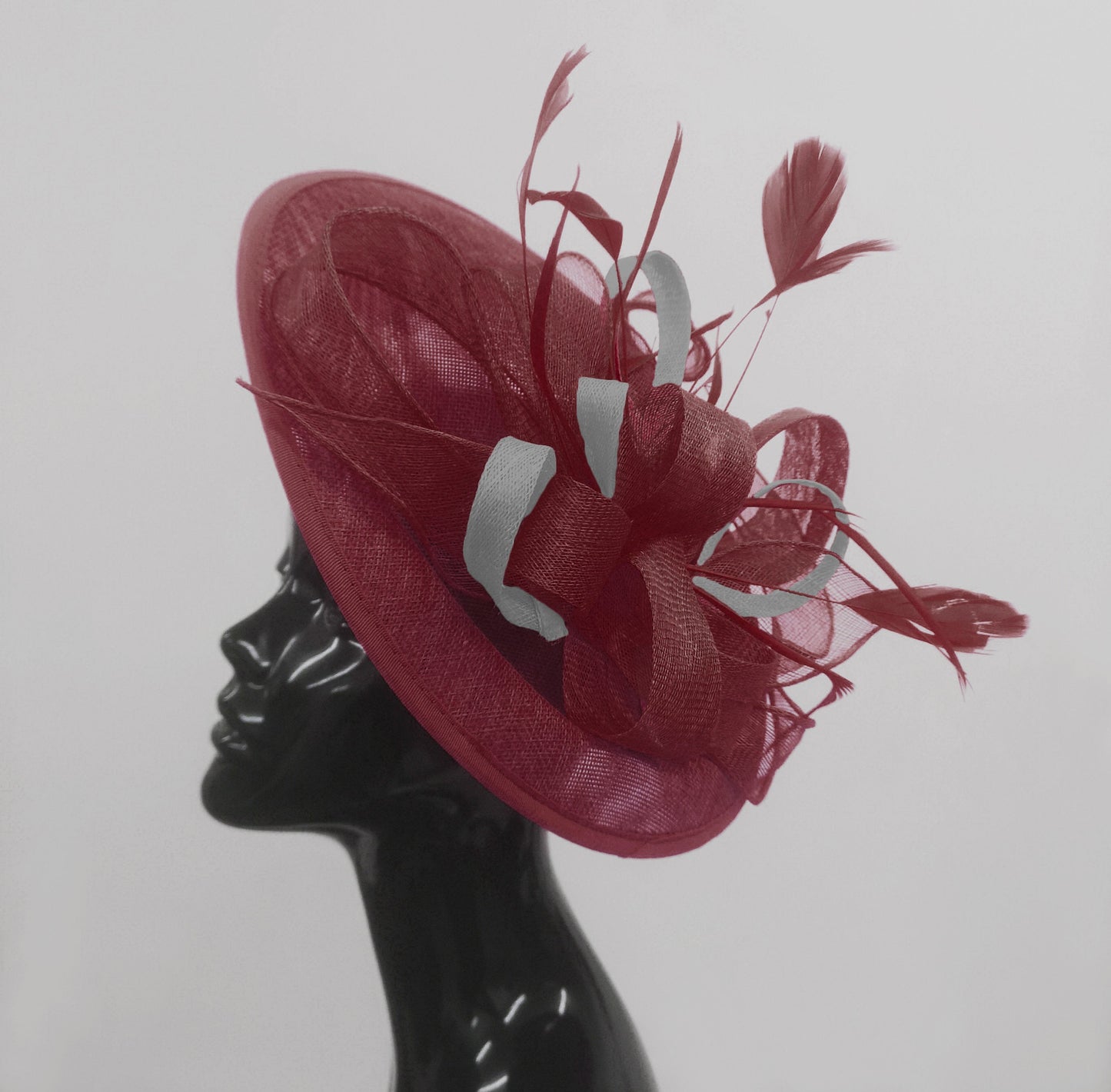 Caprilite Big Saucer Sinamay Burgundy & Grey Silver Mixed Colour Fascinator On Headband