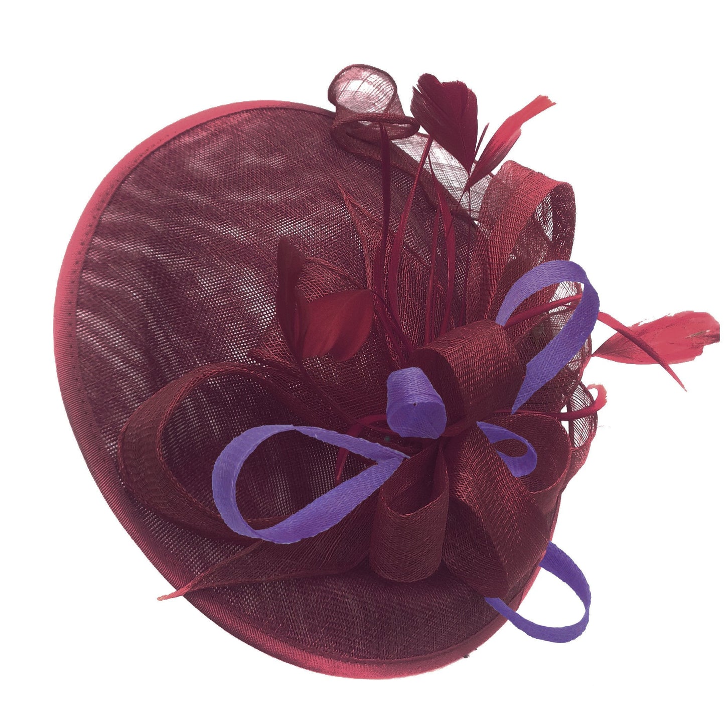 Caprilite Big Saucer Sinamay Burgundy & Lavender Purple Mixed Colour Fascinator On Headband