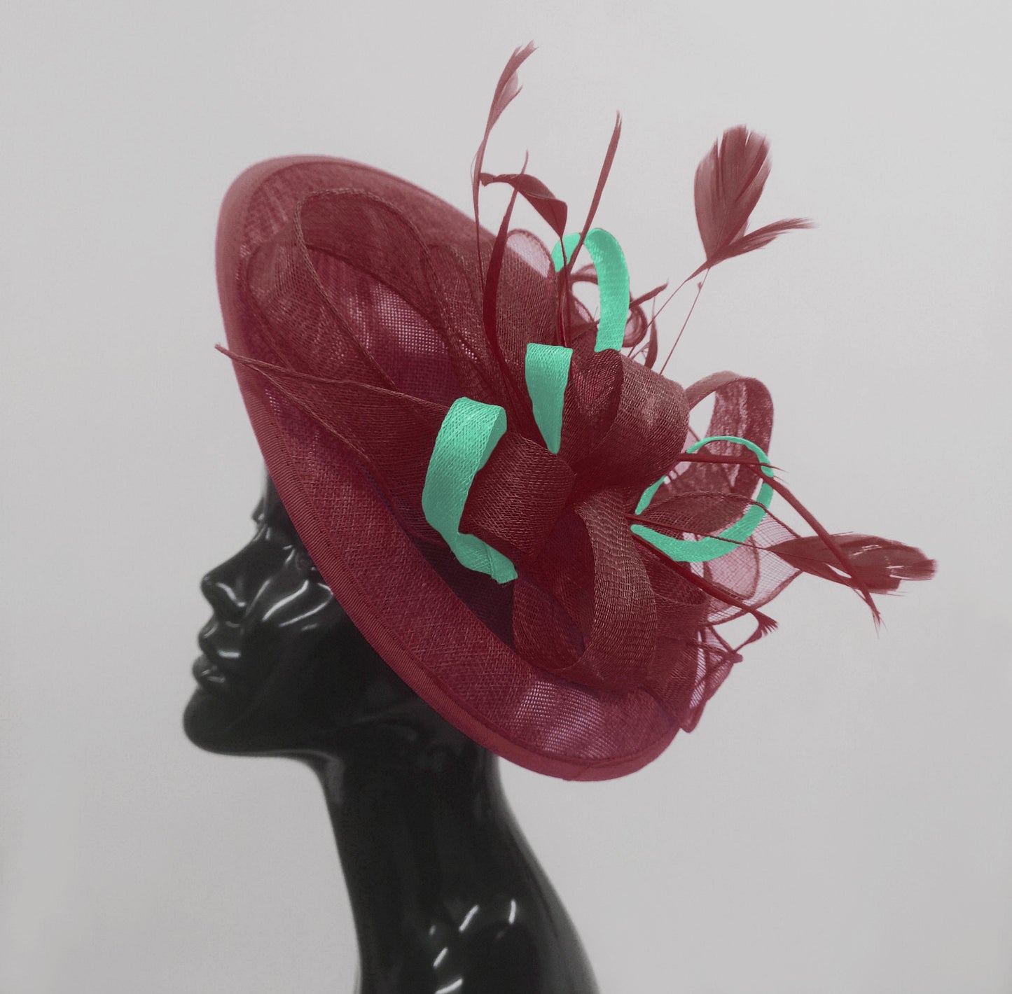 Caprilite Big Saucer Sinamay Burgundy & Light Turquoise Mixed Colour Fascinator On Headband