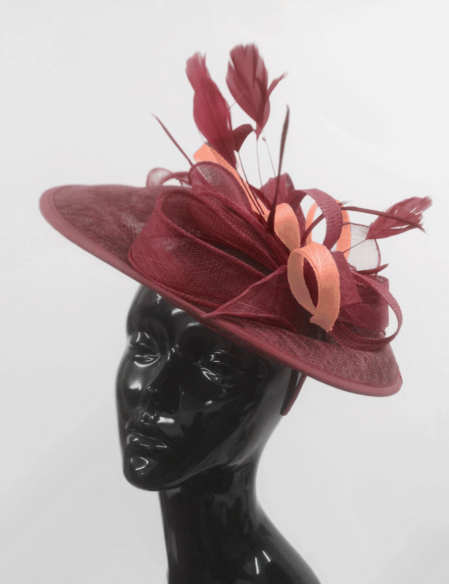 Caprilite Big Saucer Sinamay Burgundy & Peach Mixed Colour Fascinator On Headband