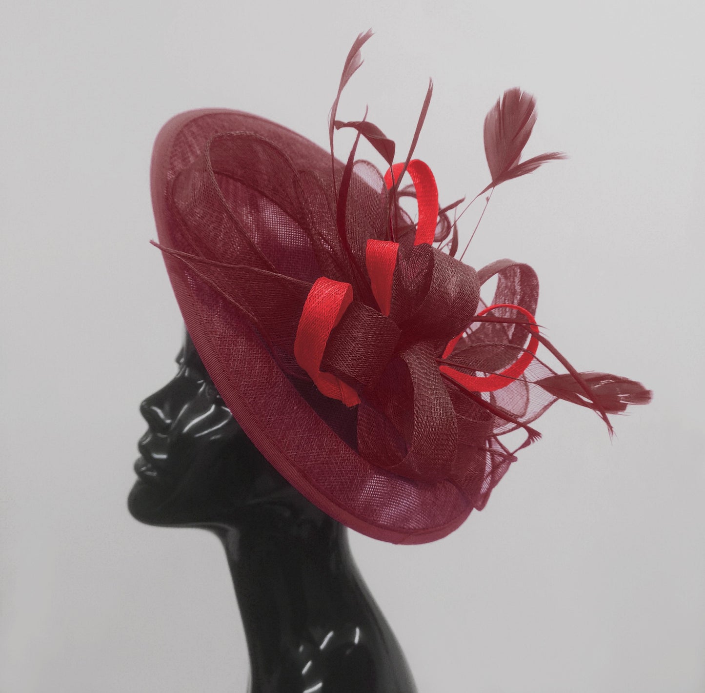 Caprilite Big Saucer Sinamay Burgundy & Red Mixed Colour Fascinator On Headband