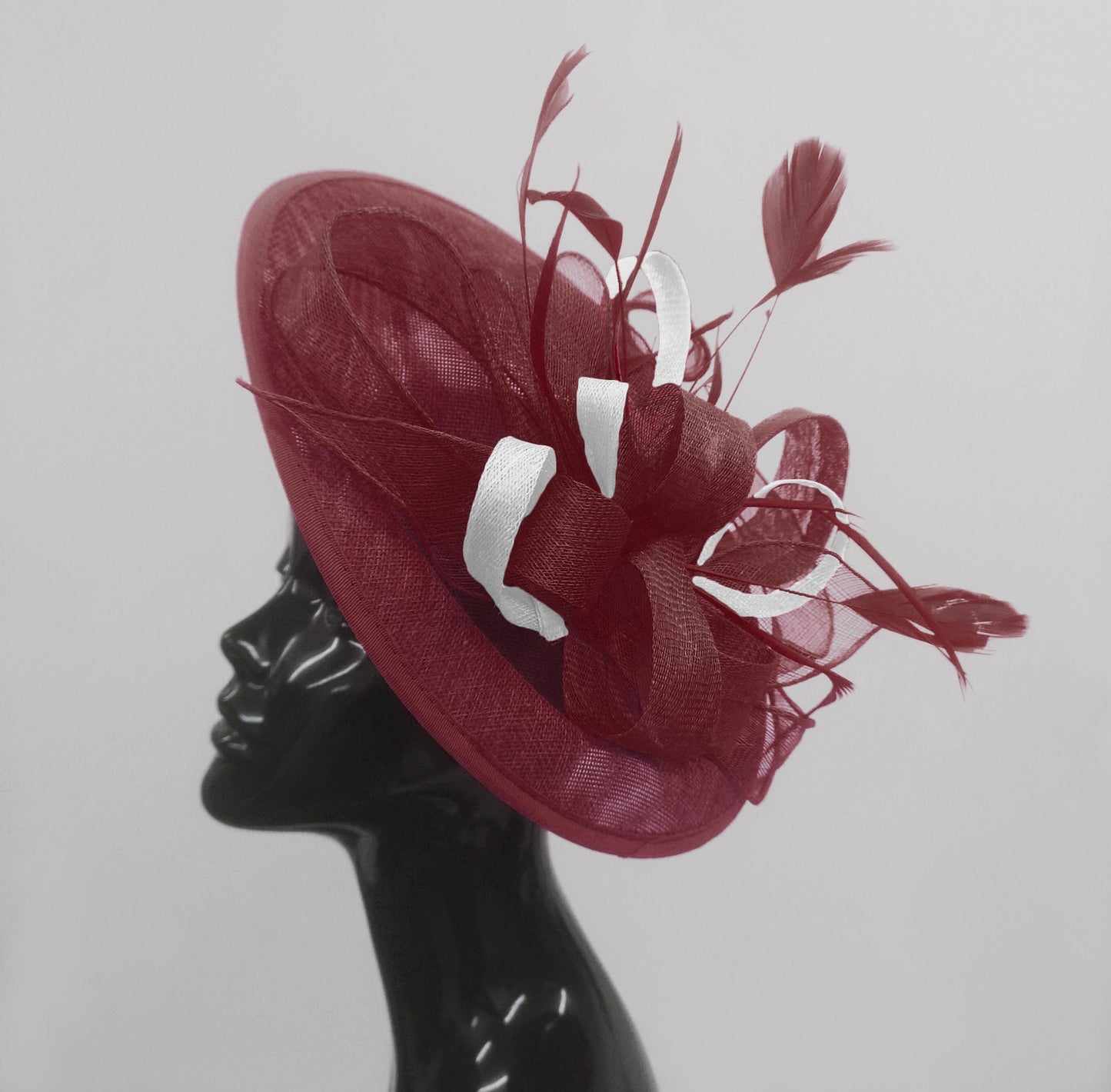 Caprilite Big Saucer Sinamay Burgundy & White Mixed Colour Fascinator On Headband
