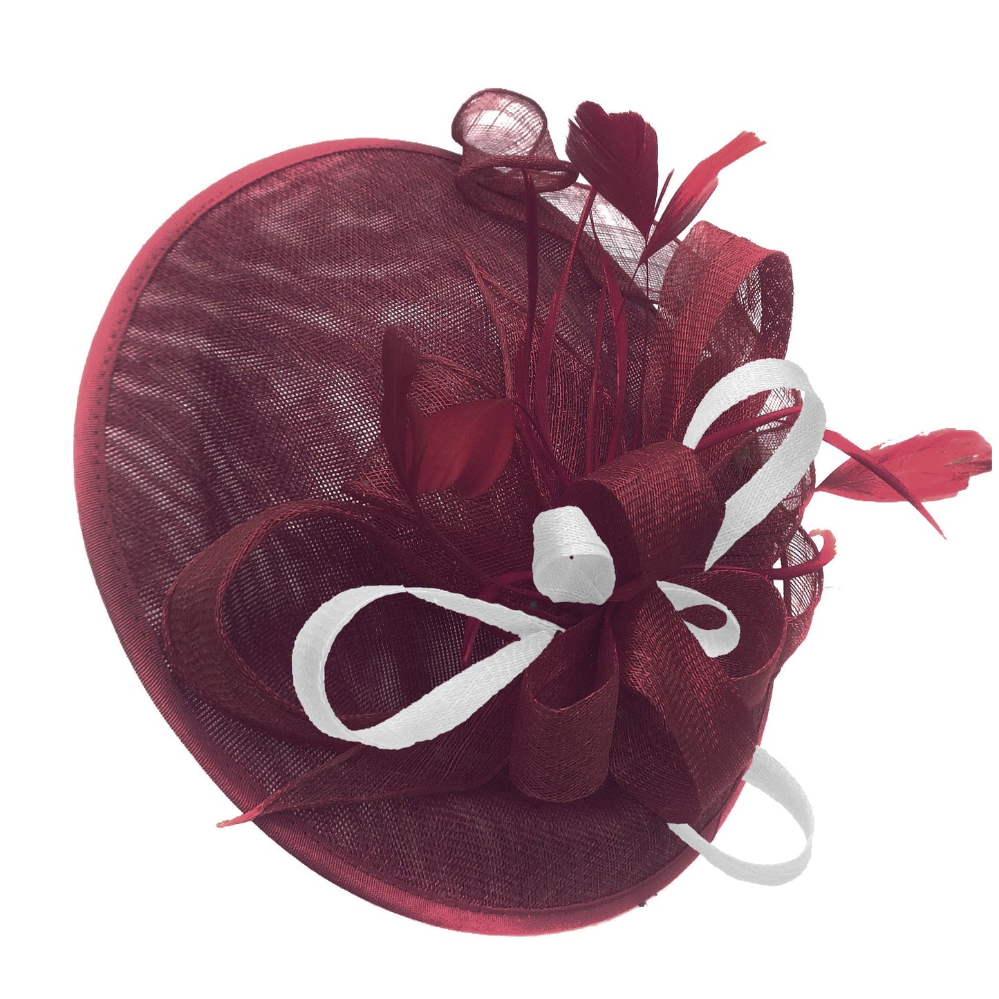 Caprilite Big Saucer Sinamay Burgundy & White Mixed Colour Fascinator On Headband