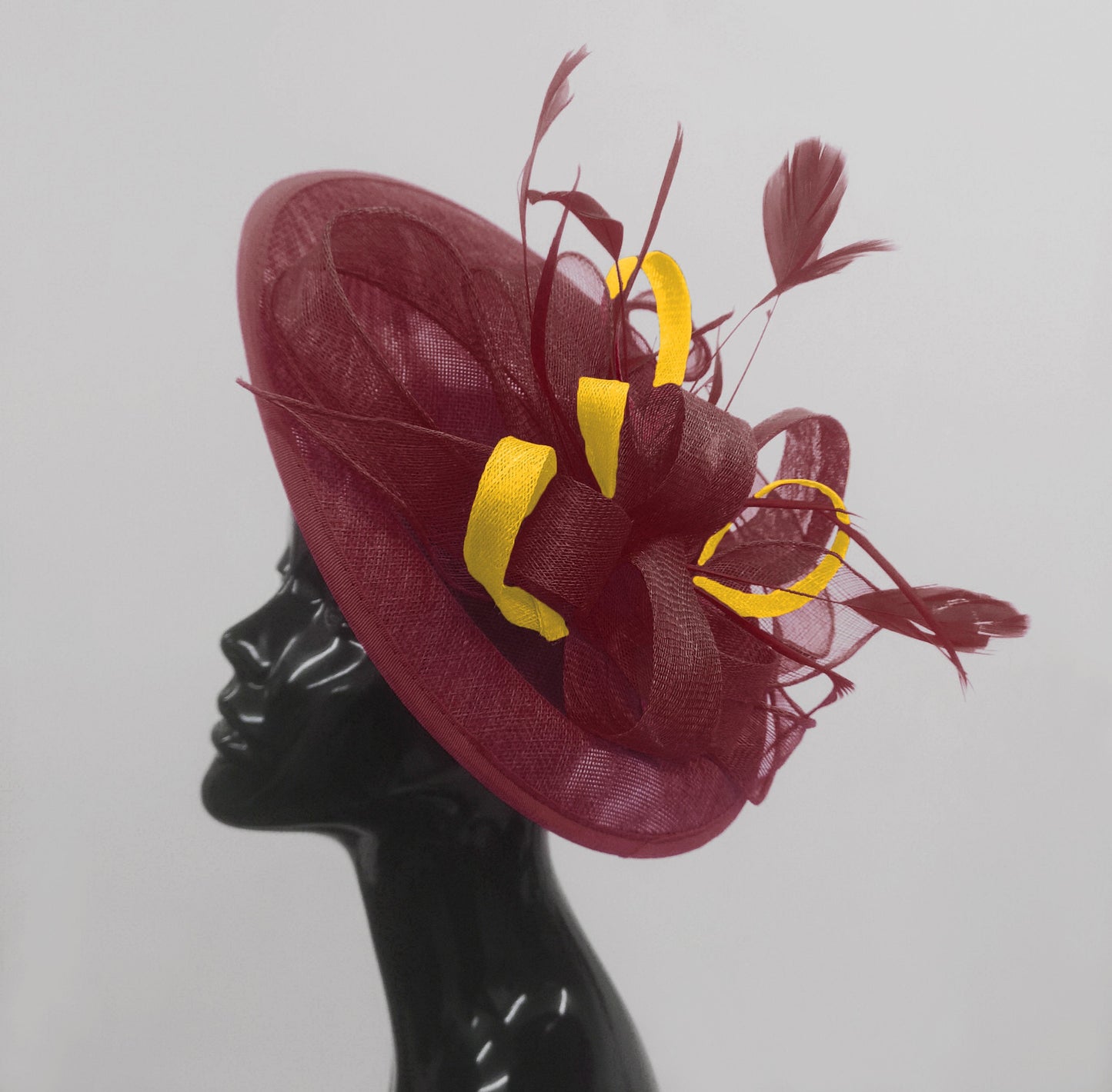 Caprilite Big Saucer Sinamay Burgundy & Yellow Mixed Colour Fascinator On Headband