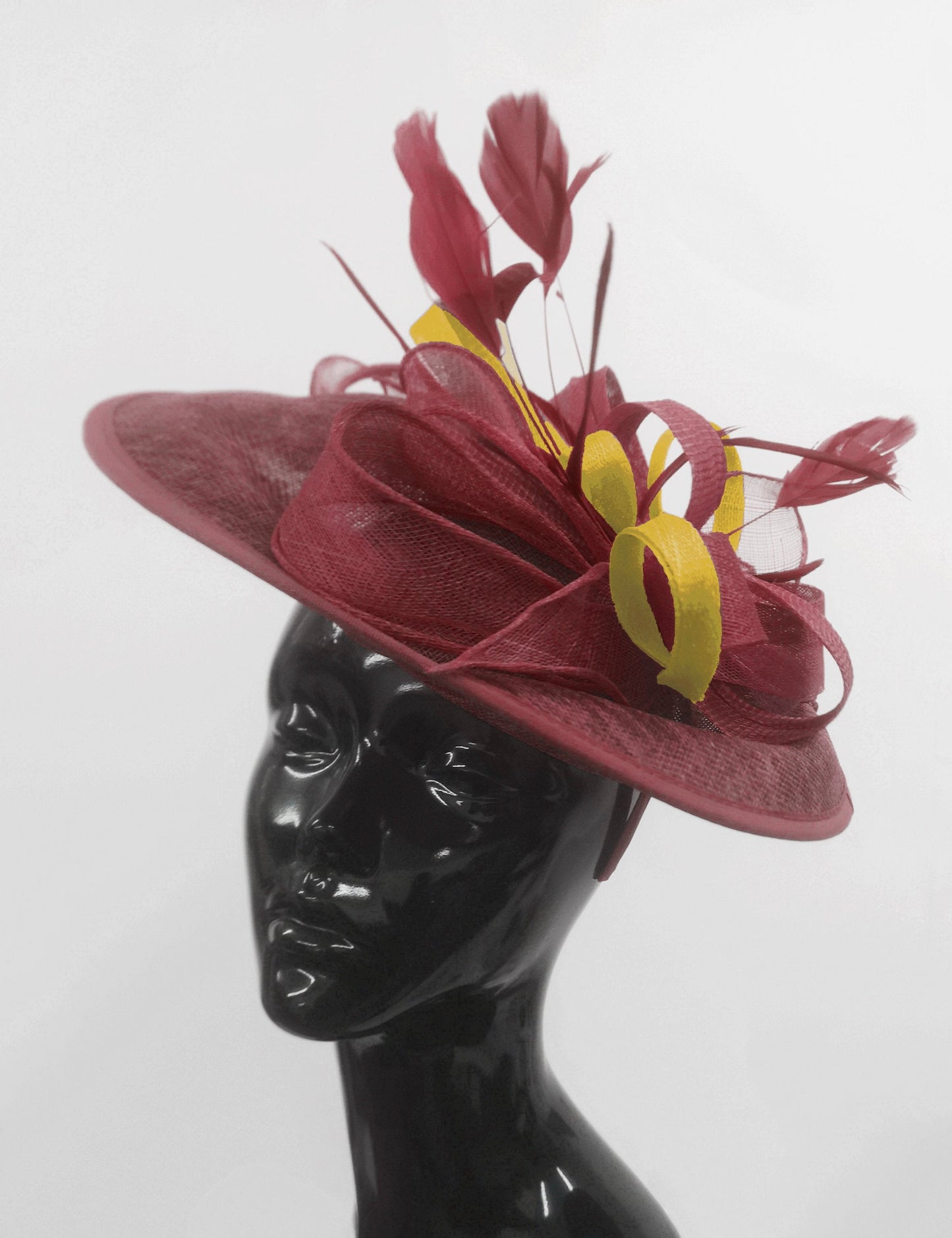 Caprilite Big Saucer Sinamay Burgundy & Yellow Mixed Colour Fascinator On Headband