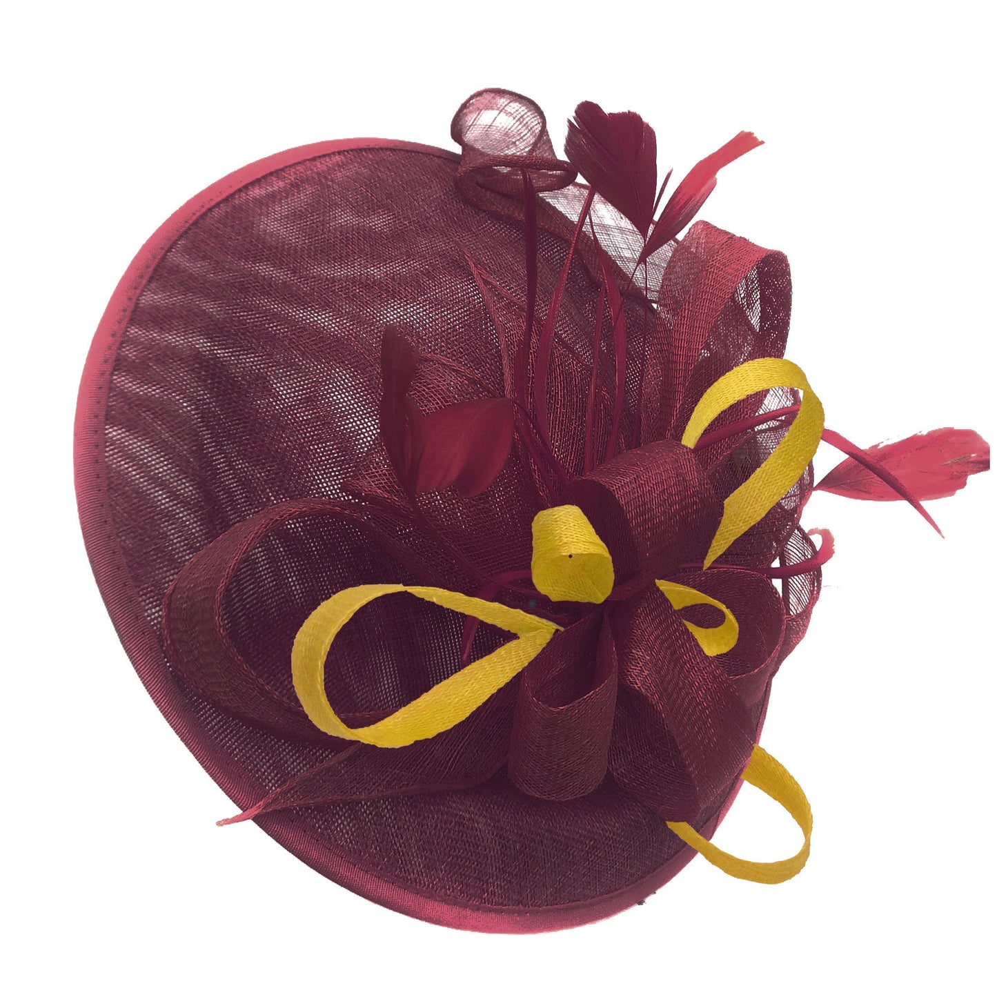 Caprilite Big Saucer Sinamay Burgundy & Yellow Mixed Colour Fascinator On Headband