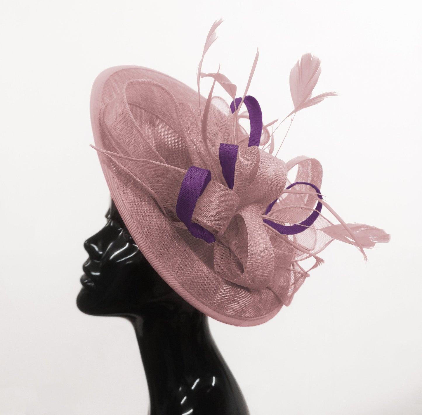 Caprilite Big Saucer Sinamay Dusty Pink & Dark Purple Mixed Colour Fascinator On Headband