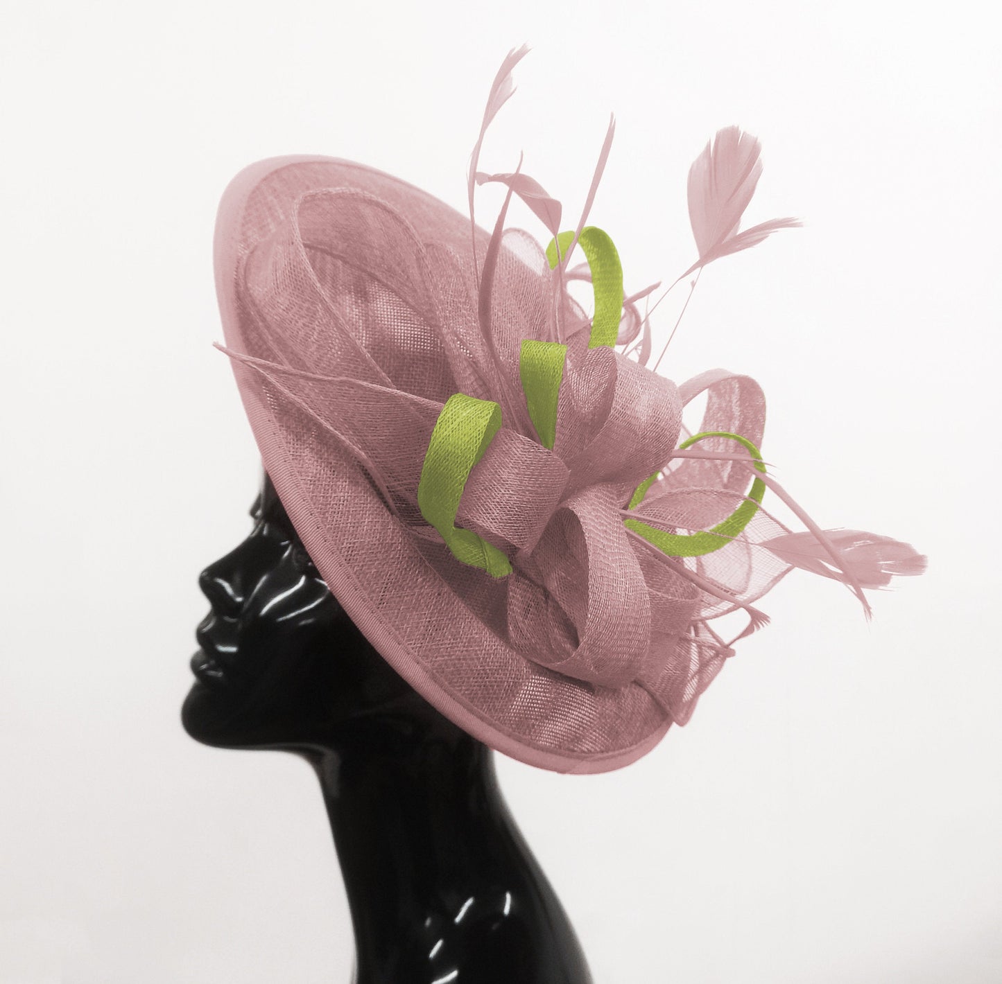Caprilite Big Saucer Sinamay Dusty Pink & Lime Green Mixed Colour Fascinator On Headband