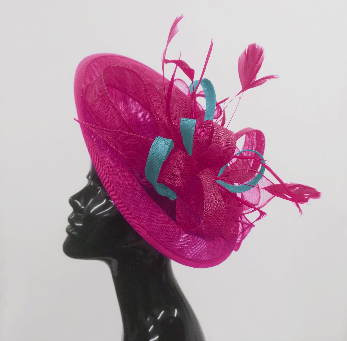Caprilite Big Saucer Sinamay Fuchsia Hot Pink & Light Blue Mixed Colour Fascinator On Headband