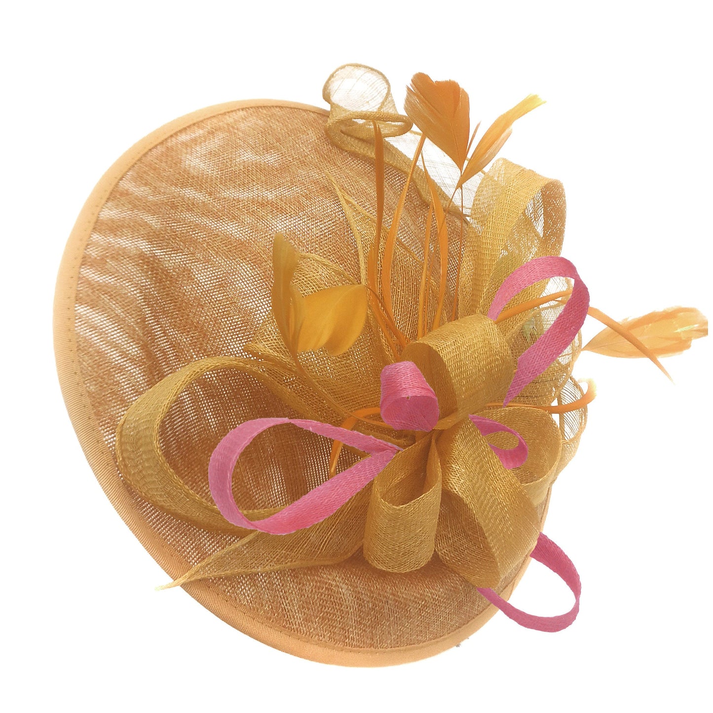 Caprilite Big Saucer Sinamay Gold Mustard & Baby Pink Mixed Colour Fascinator On Headband