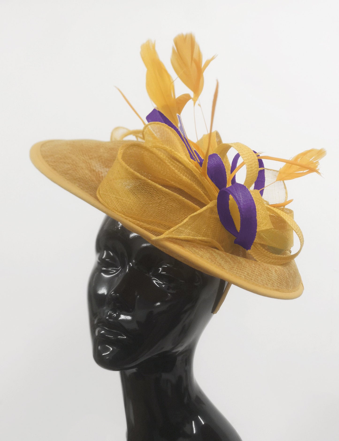 Caprilite Big Saucer Sinamay Gold Mustard & Dark Purple Mixed Colour Fascinator On Headband
