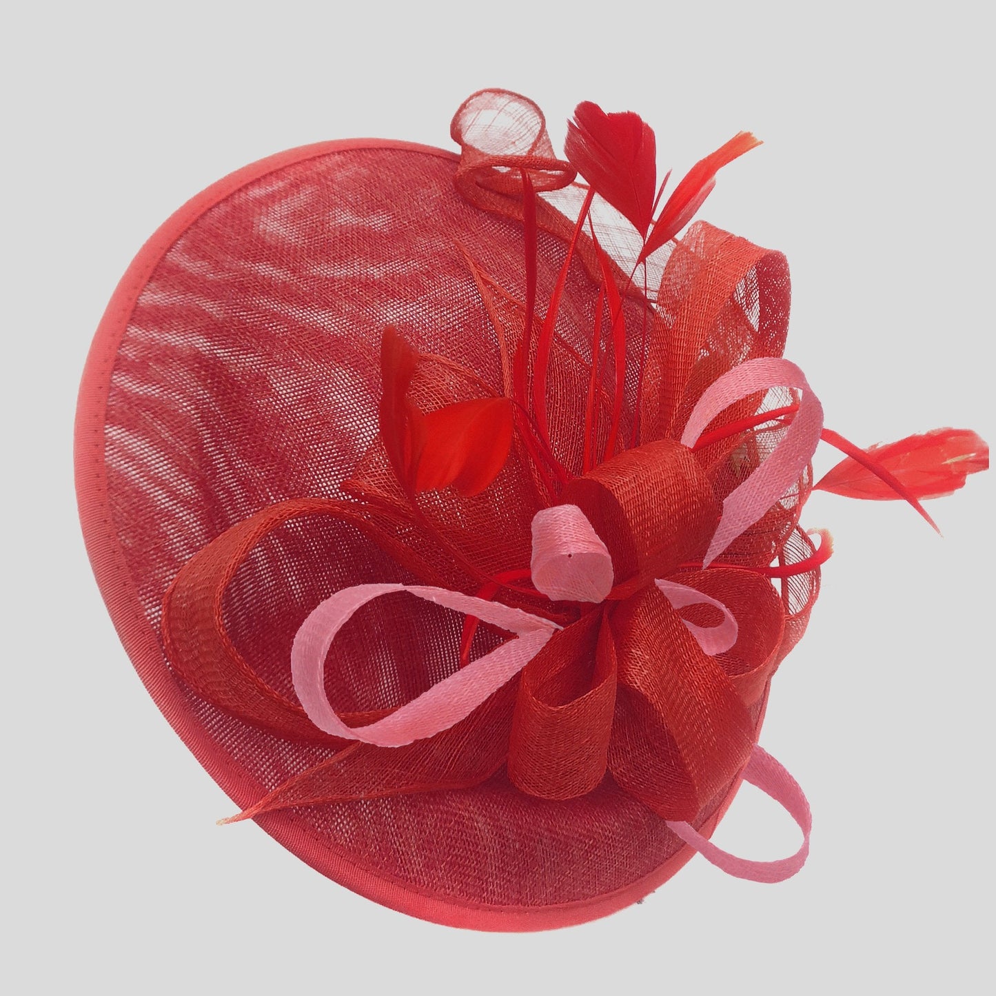 Caprilite Big Saucer Sinamay Red & Baby Pink Mixed Colour Fascinator On Headband