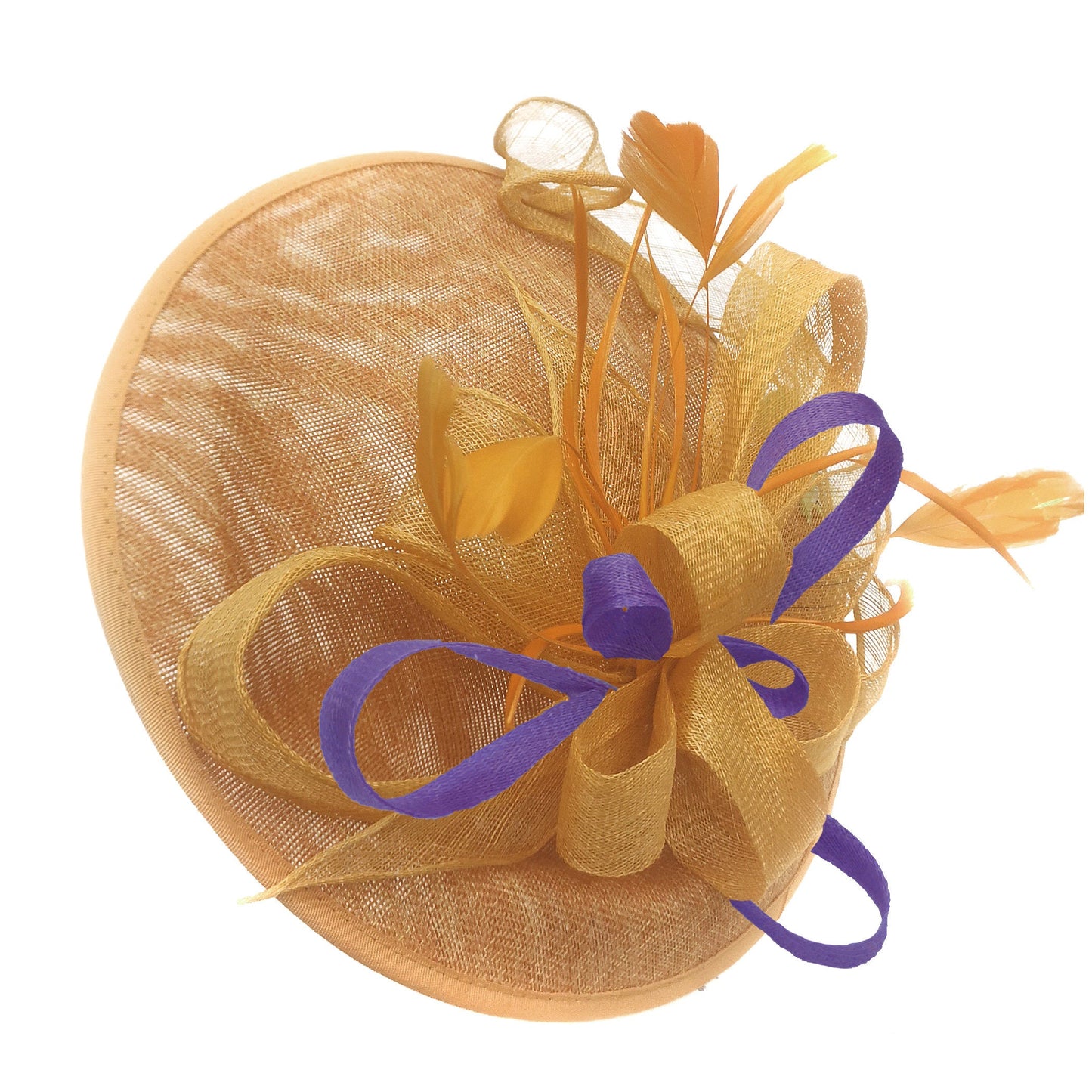 Caprilite Big Saucer Sinamay Gold Mustard & Lavender Purple Mixed Colour Fascinator On Headband