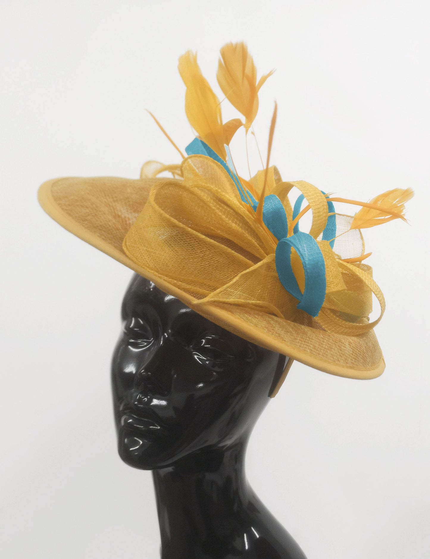 Caprilite Big Saucer Sinamay Gold Mustard & Light Blue Mixed Colour Fascinator On Headband