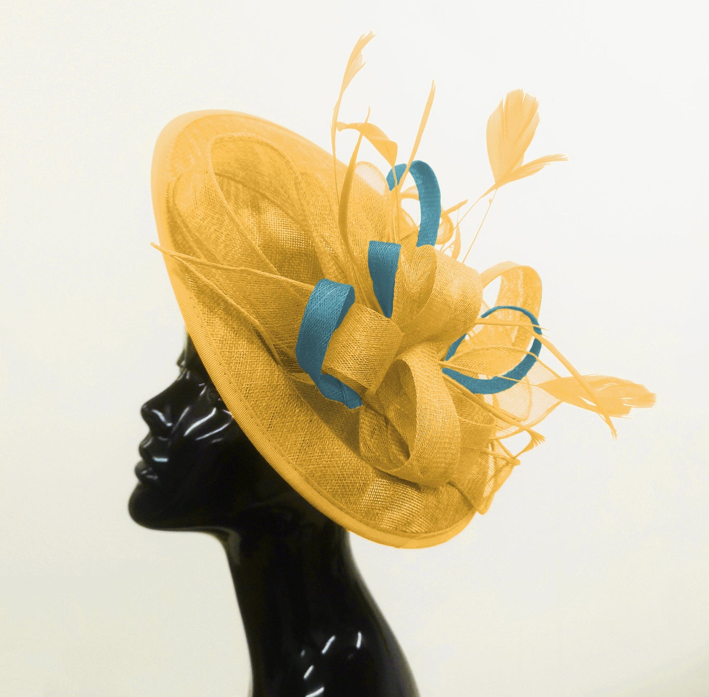 Caprilite Big Saucer Sinamay Gold Mustard & Light Blue Mixed Colour Fascinator On Headband