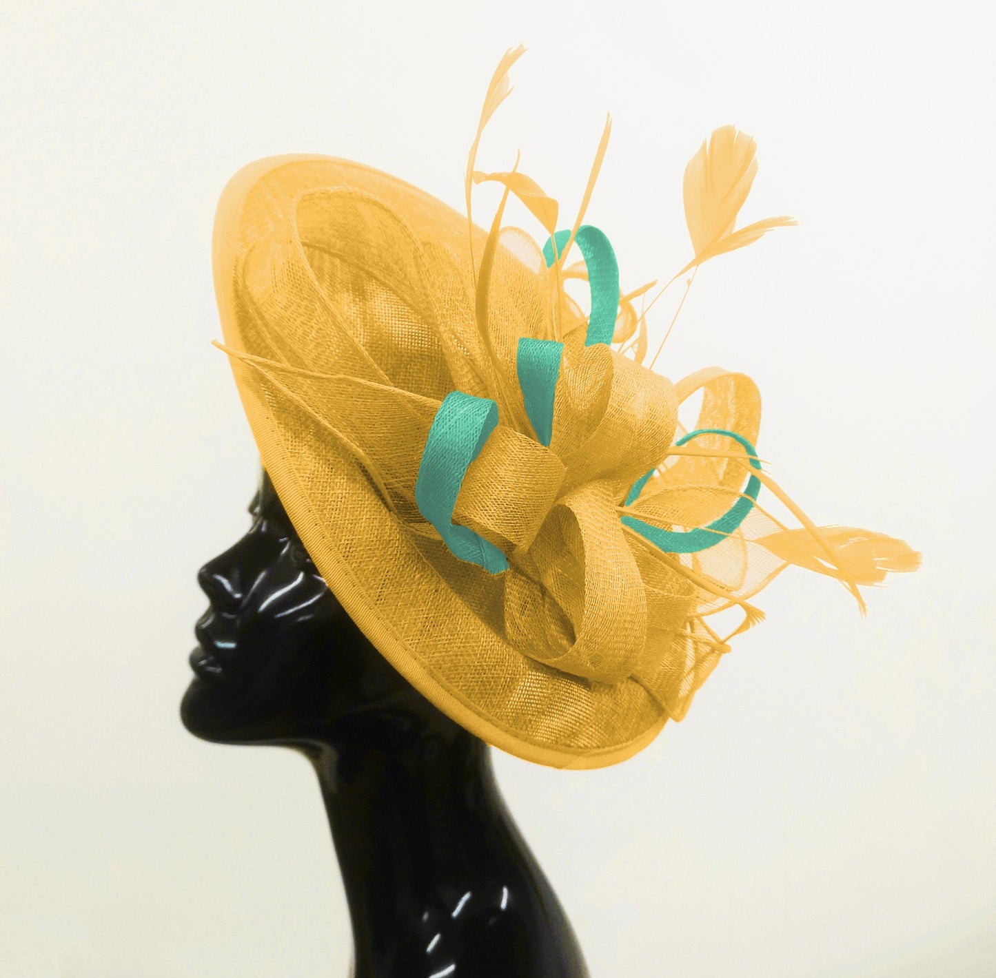 Caprilite Big Saucer Sinamay Gold Mustard & Light Turquoise Mixed Colour Fascinator On Headband