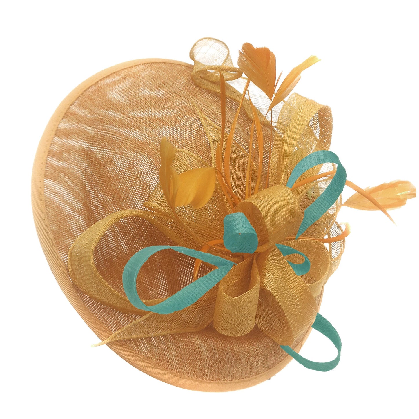 Caprilite Big Saucer Sinamay Gold Mustard & Light Turquoise Mixed Colour Fascinator On Headband