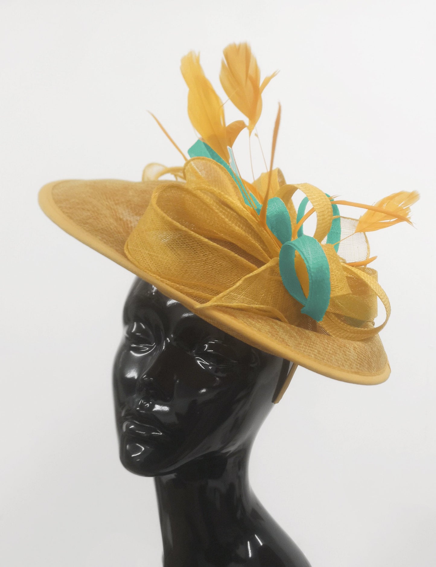 Caprilite Big Saucer Sinamay Gold Mustard & Light Turquoise Mixed Colour Fascinator On Headband