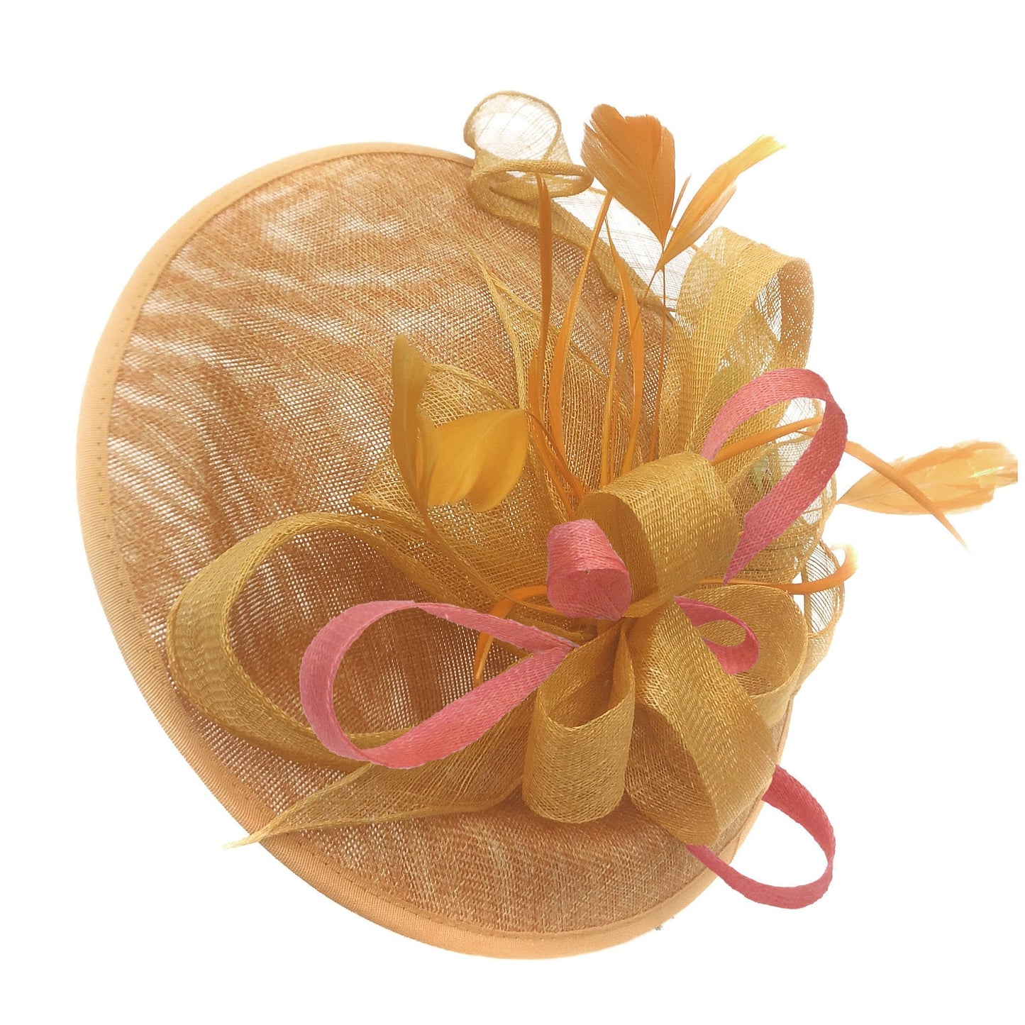 Caprilite Big Saucer Sinamay Gold Mustard & Peach Mixed Colour Fascinator On Headband
