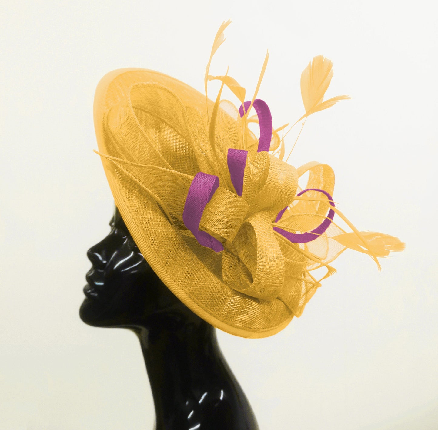 Caprilite Big Saucer Sinamay Gold Mustard & Plum Mixed Colour Fascinator On Headband