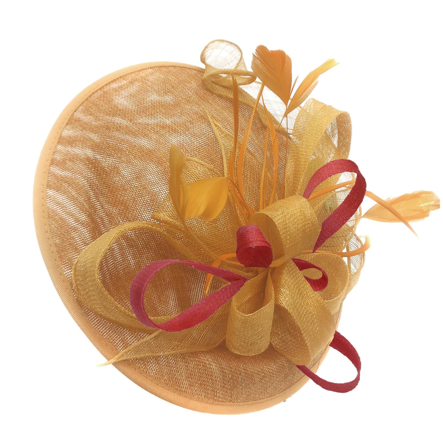 Caprilite Big Saucer Sinamay Gold Mustard & Red Mixed Colour Fascinator On Headband
