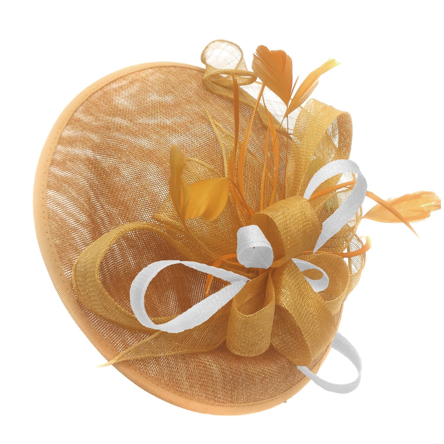 Caprilite Big Saucer Sinamay Gold Mustard & White Mixed Colour Fascinator On Headband