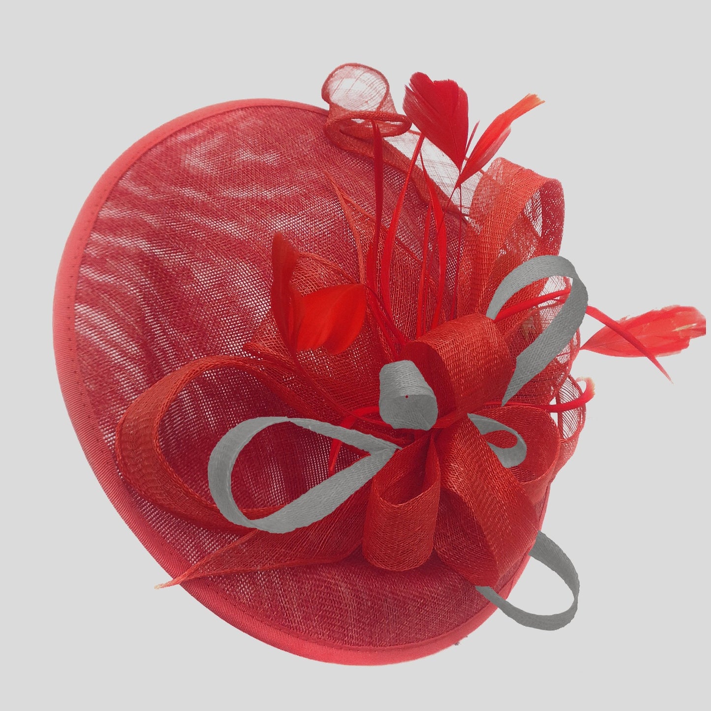 Caprilite Big Saucer Sinamay Red & Grey Silver Mixed Colour Fascinator On Headband