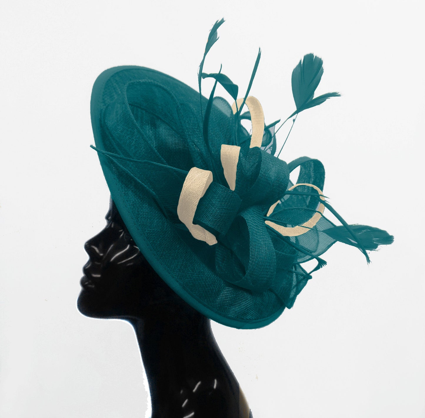Caprilite Big Saucer Sinamay Teal Turquoise & Cream Ivory Mixed Colour Fascinator On Headband