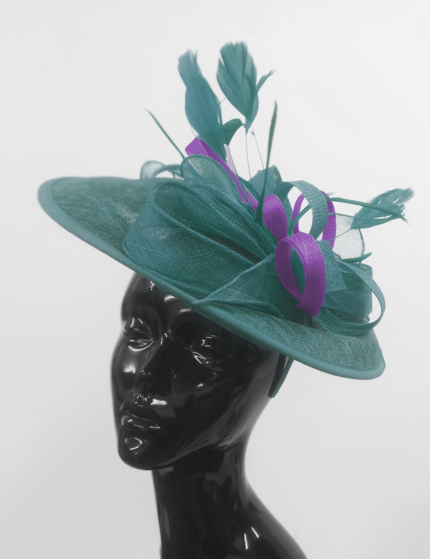 Caprilite Big Saucer Sinamay Teal Turquoise & Dark Purple Mixed Colour Fascinator On Headband
