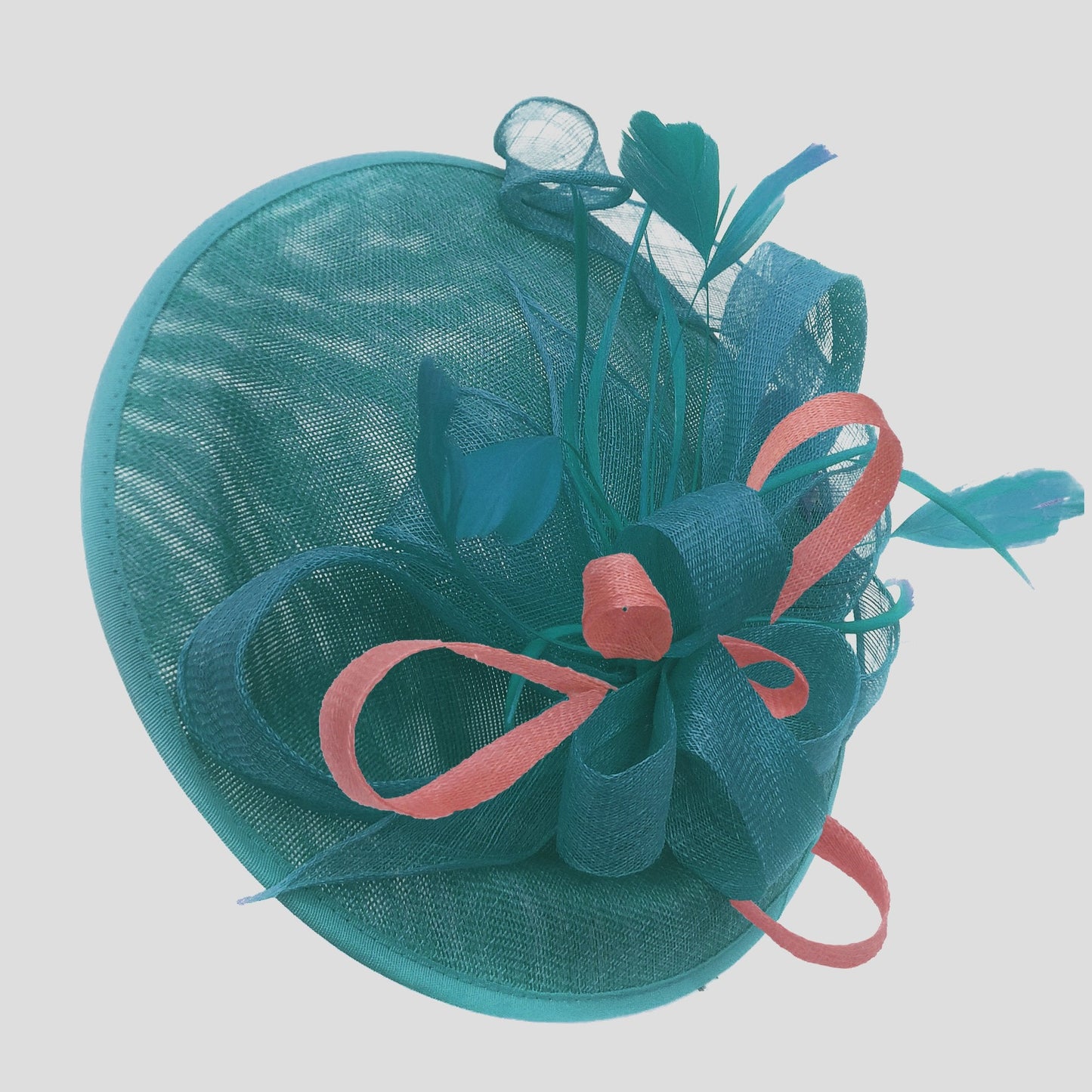 Caprilite Big Saucer Sinamay Teal Turquoise & Dusty Pink Mixed Colour Fascinator On Headband