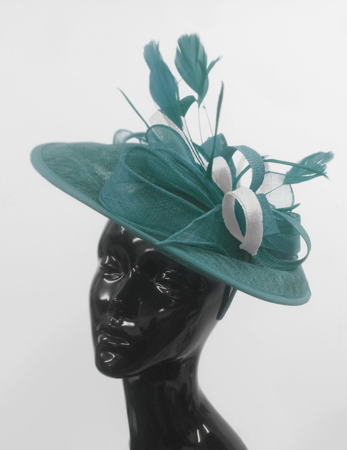 Caprilite Big Saucer Sinamay Teal Turquoise & White Mixed Colour Fascinator On Headband