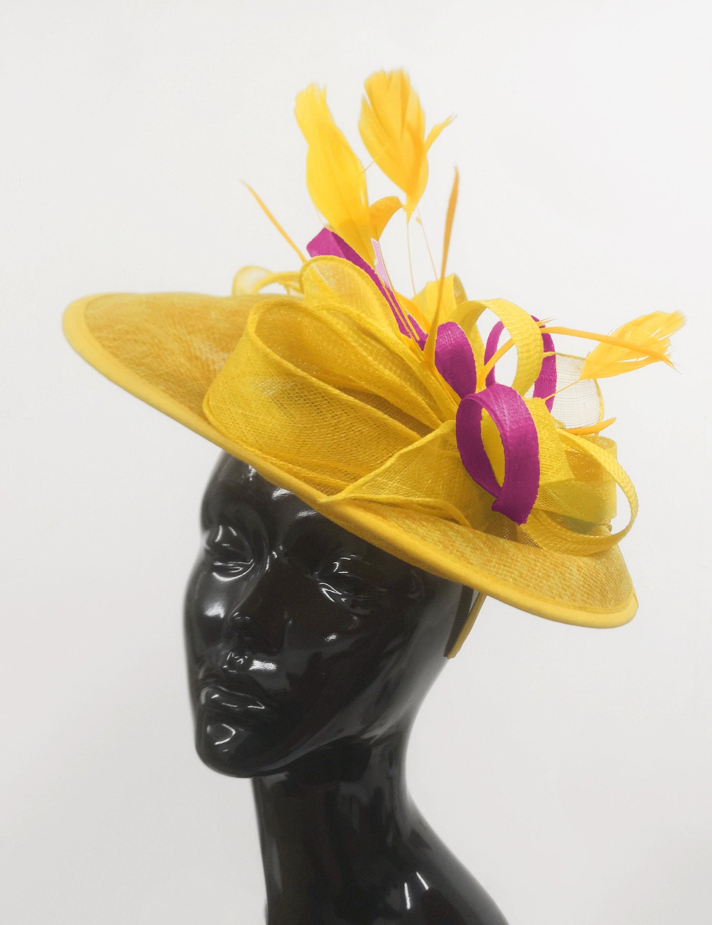 Caprilite Big Saucer Sinamay Yellow & Fuchsia Hot Pink Mixed Colour Fascinator On Headband