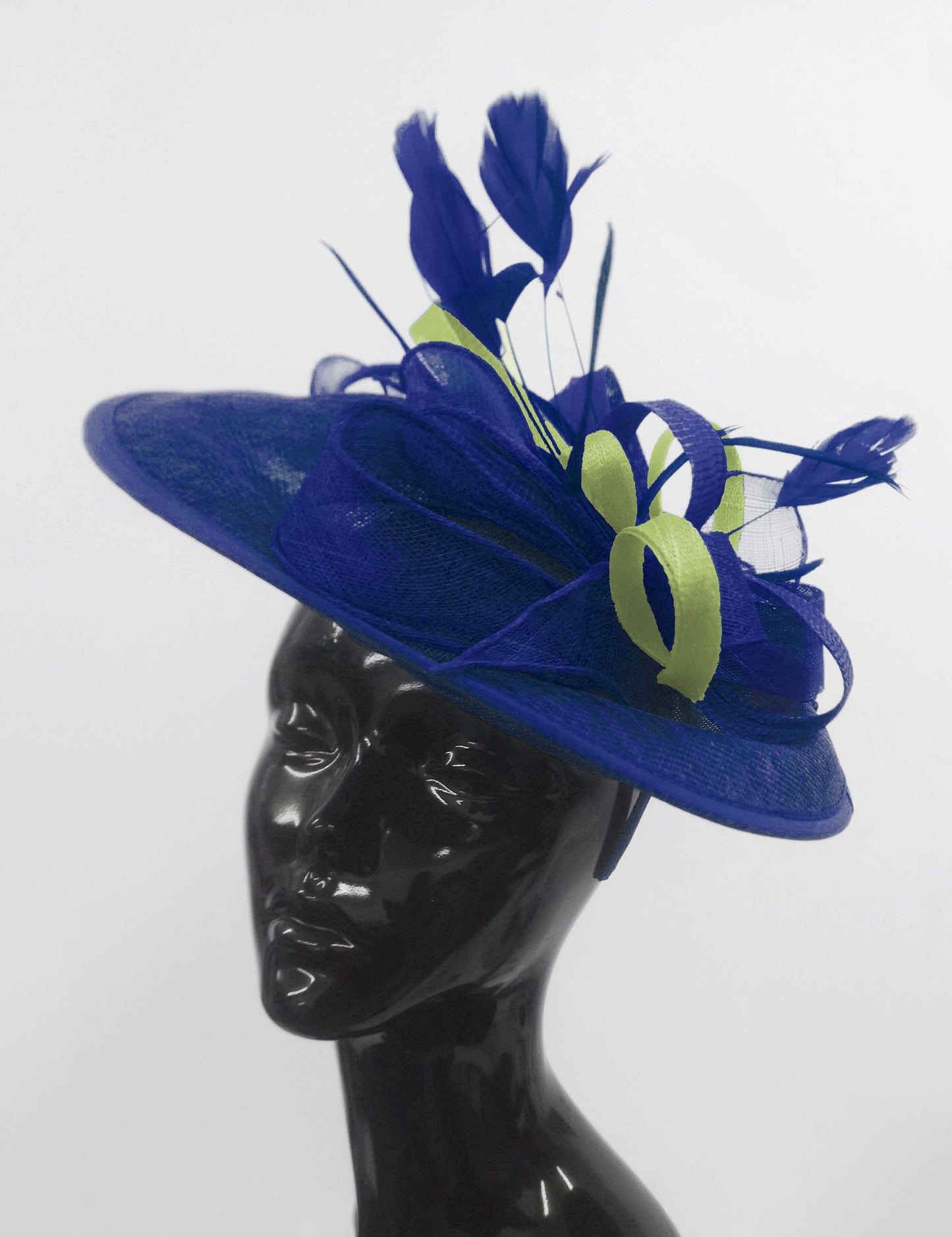 Caprilite Big Saucer Sinamay Royal Blue & Lime Green Mixed Colour Fascinator On Headband