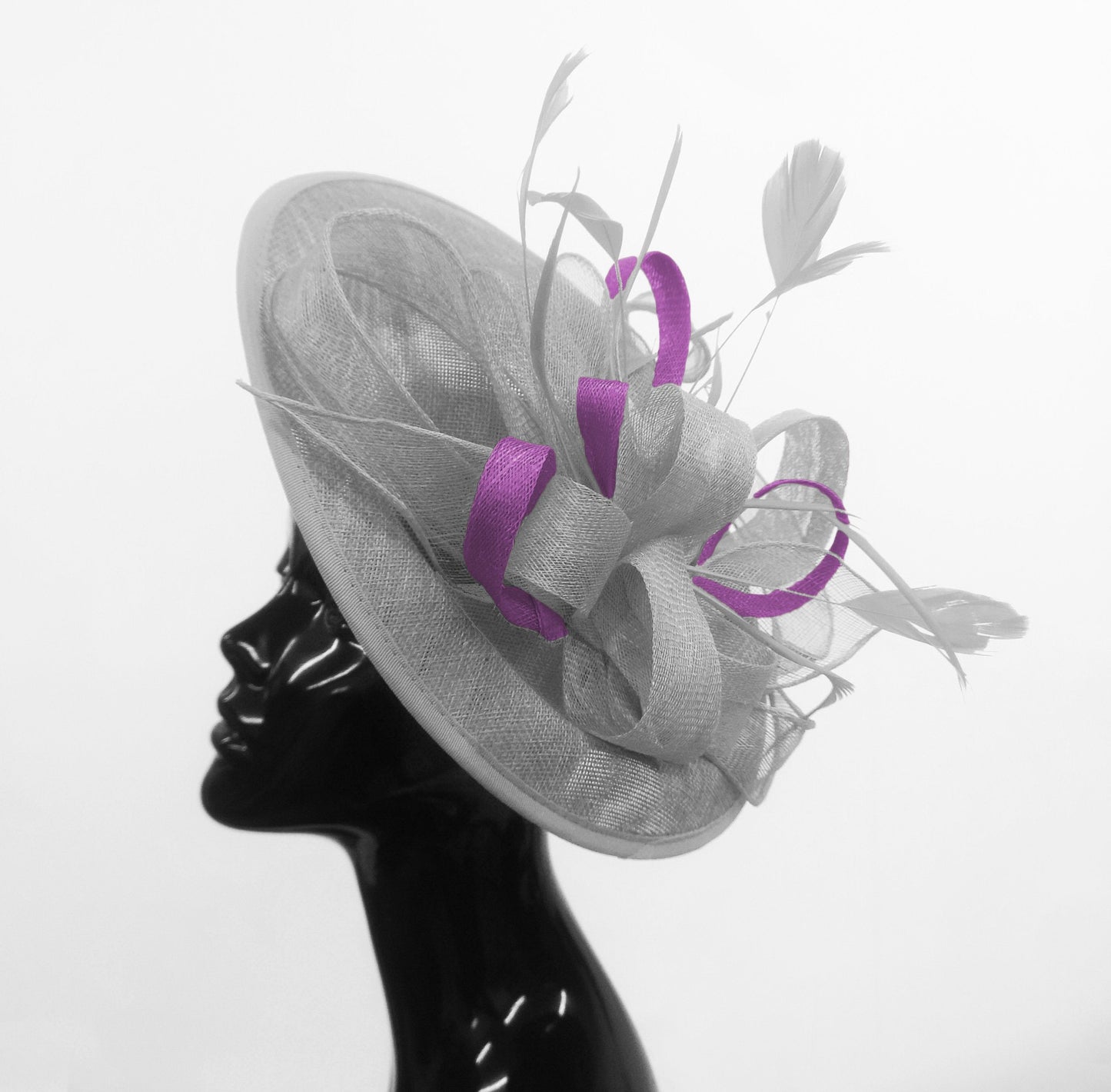 Caprilite Big Saucer Sinamay Silver Grey & Cadbury Purple Mixed Colour Fascinator On Headband