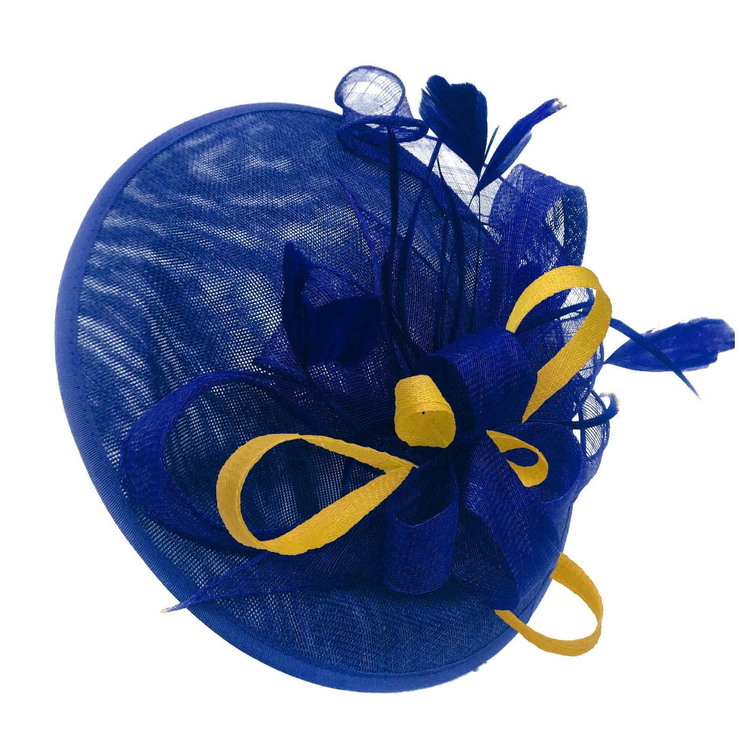Caprilite Big Saucer Sinamay Royal Blue & Yellow Mixed Colour Fascinator On Headband
