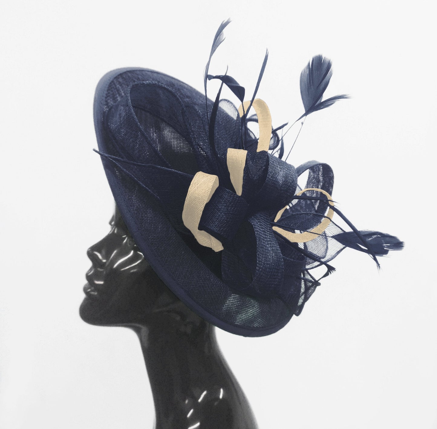 Caprilite Big Saucer Sinamay Navy Blue & Cream Mixed Colour Fascinator On Headband