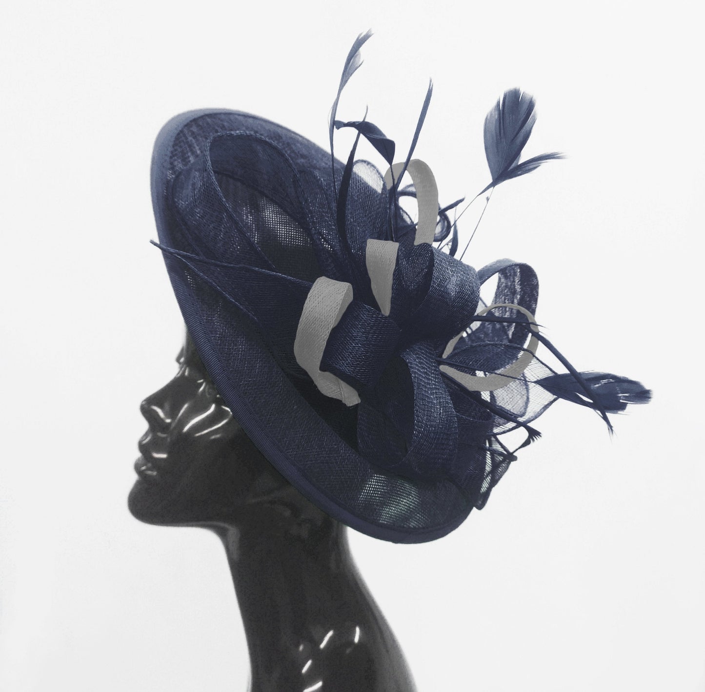 Caprilite Big Saucer Sinamay Navy Blue & Silver Grey Mixed Colour Fascinator On Headband