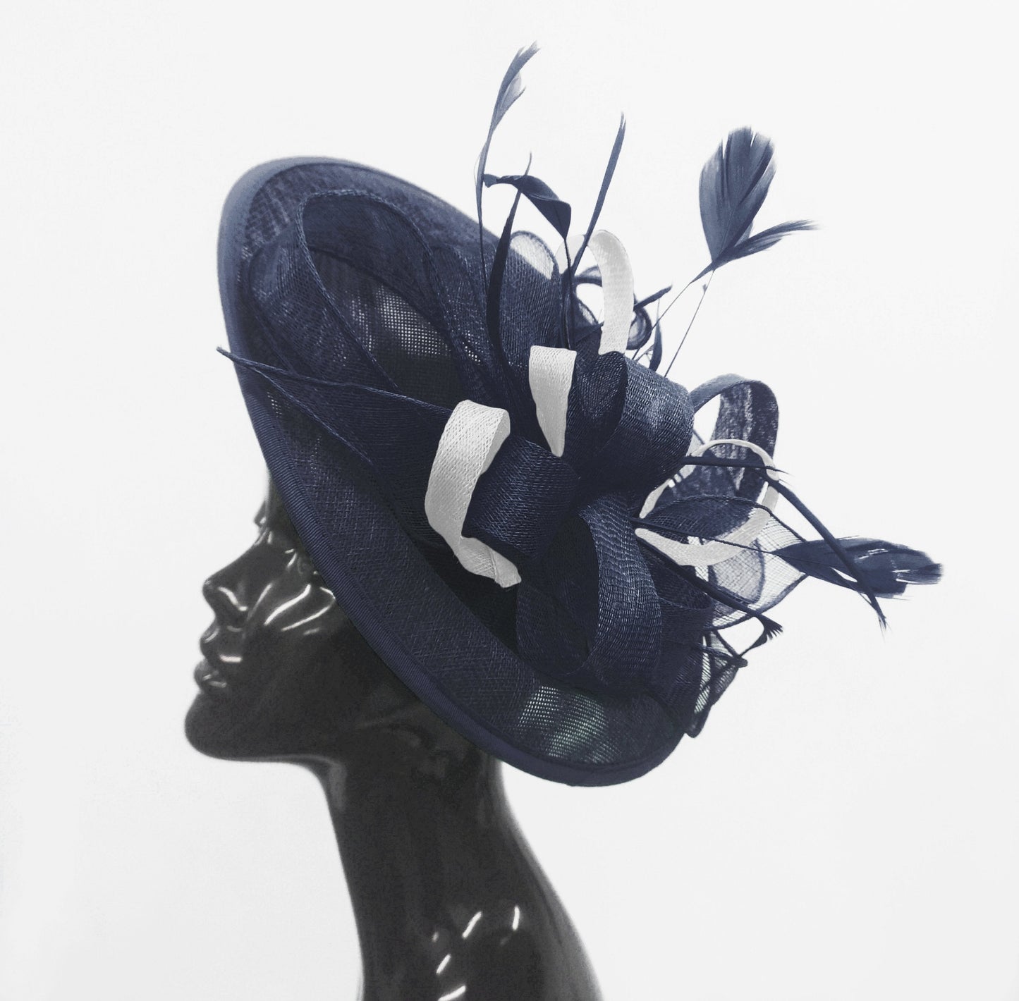 Caprilite Big Saucer Sinamay Navy Blue & White Mixed Colour Fascinator On Headband