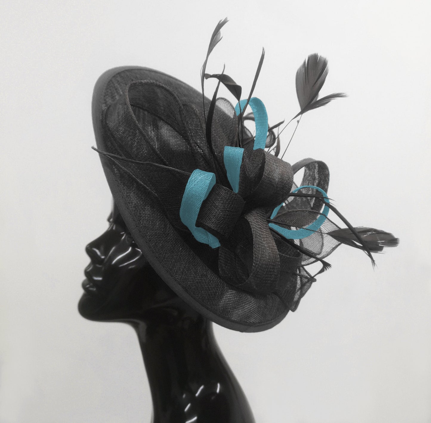 Caprilite Big Saucer Sinamay Black & Light Blue Mixed Colour Fascinator On Headband