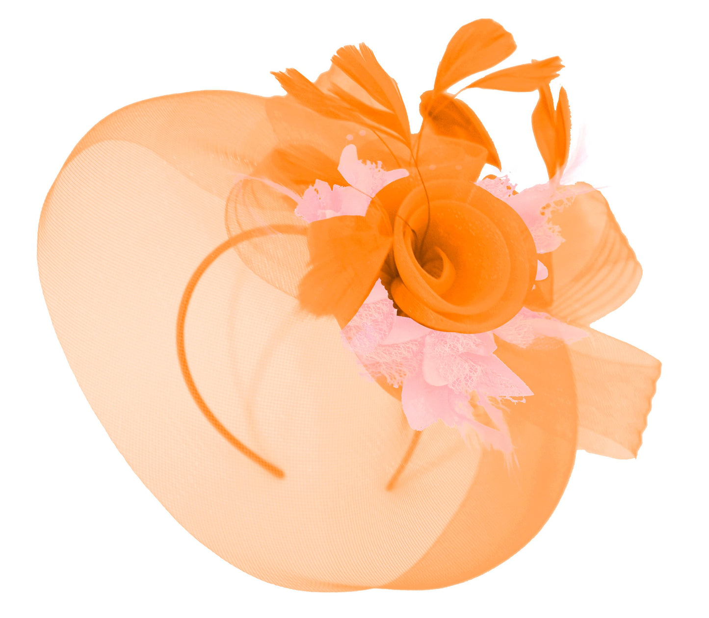 Caprilite Orange and Baby Pink Fascinator Hat Veil Net Hair Clip Ascot Derby Races Wedding Headband Feather Flower