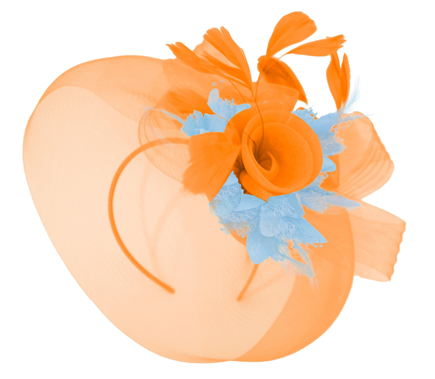 Caprilite Orange and Light Blue Fascinator Hat Veil Net Hair Clip Ascot Derby Races Wedding Headband Feather Flower