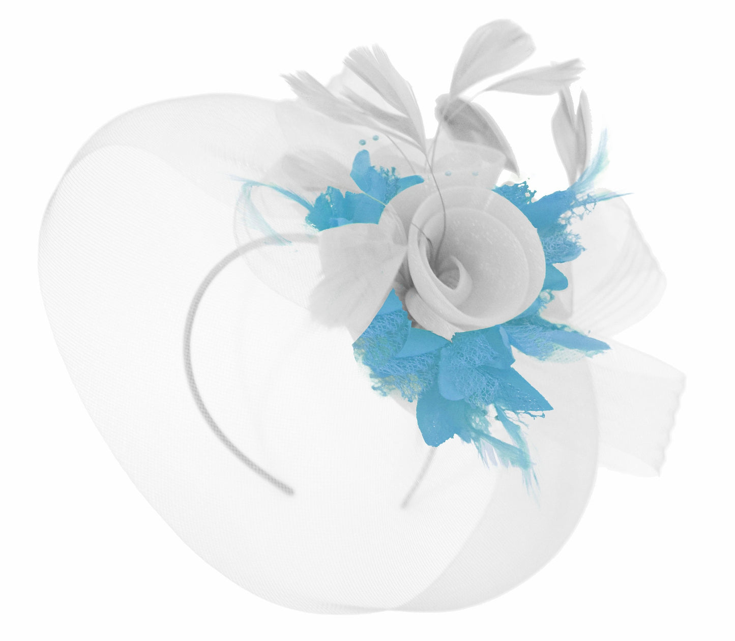 Caprilite White and Aqua Fascinator on Headband Veil UK Wedding Ascot Races Hatinator