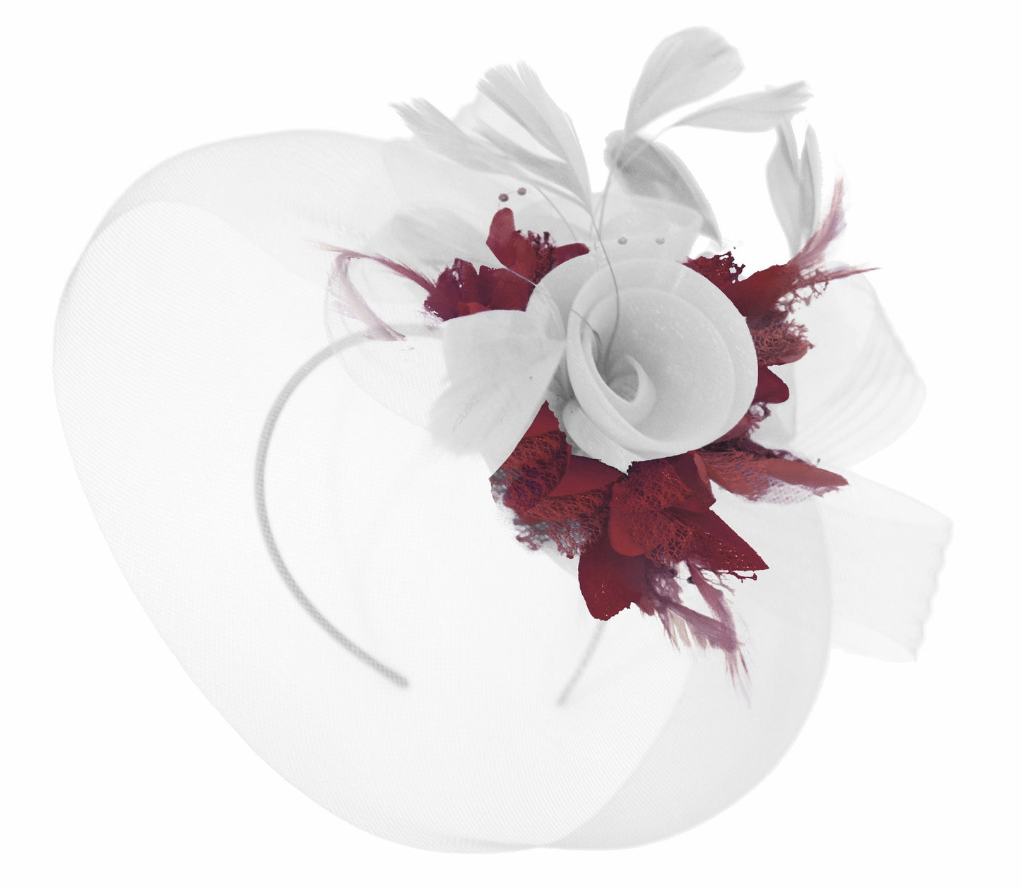 Caprilite White and Burgundy Fascinator on Headband Veil UK Wedding Ascot Races Hatinator