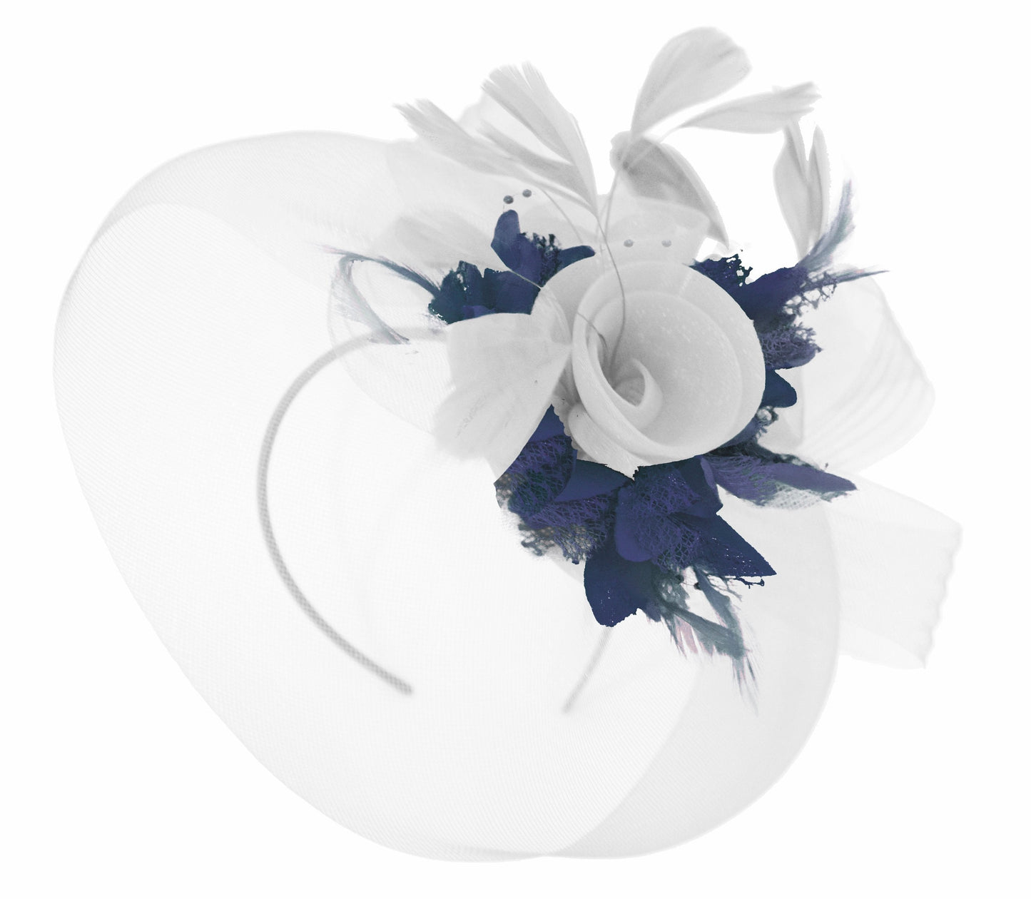 Caprilite White and Navy Fascinator on Headband Veil UK Wedding Ascot Races Hatinator