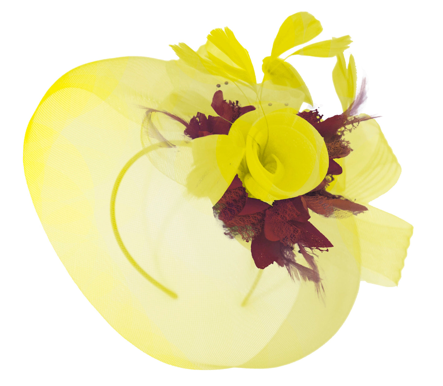 Caprilite Yellow and Burgundy Fascinator on Headband Veil UK Wedding Ascot Races Hatinator