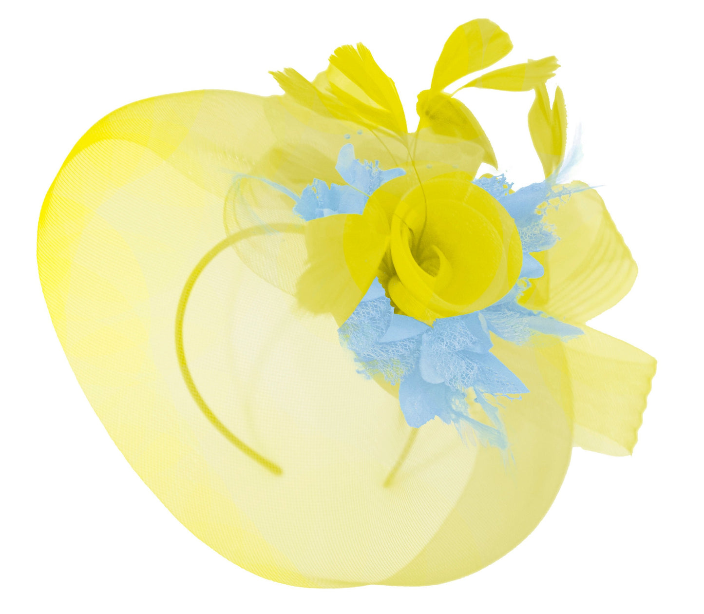Caprilite Yellow and light Blue Fascinator on Headband Veil UK Wedding Ascot Races Hatinator