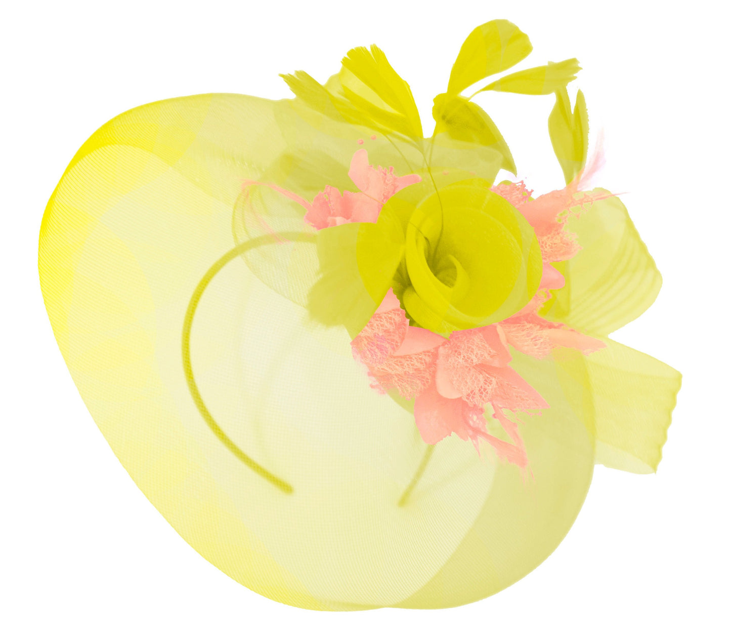 Caprilite Yellow and Peach on Headband Veil UK Wedding Ascot Races Hatinator