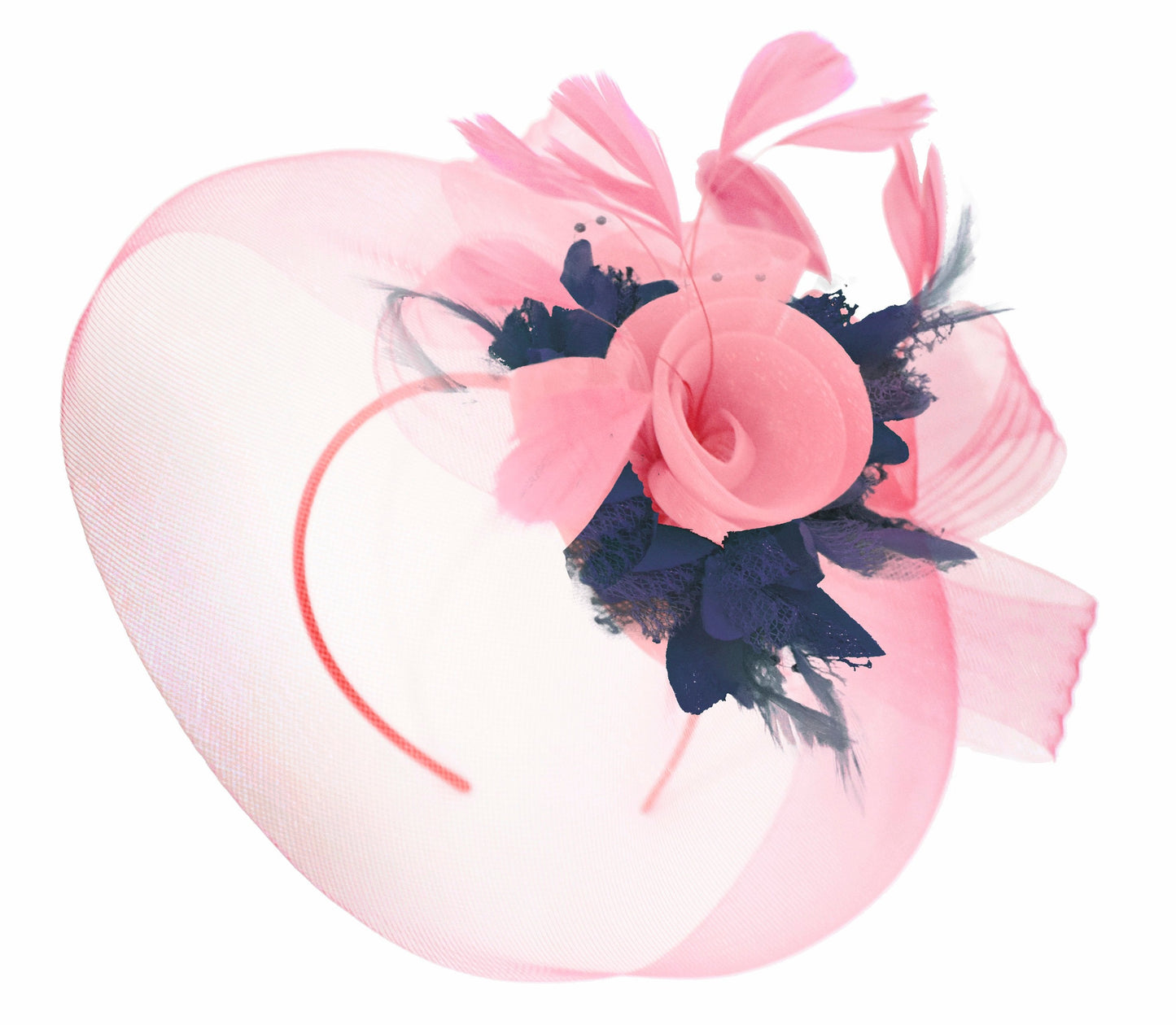 Caprilite Baby Pink and Navy on Headband Veil UK Wedding Ascot Races Hatinator