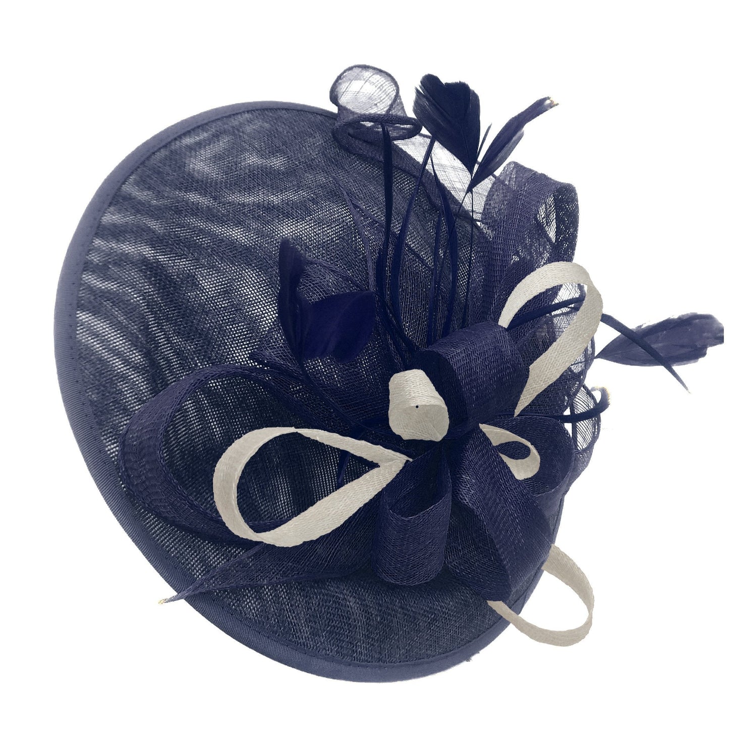 Caprilite Big Saucer Sinamay Navy Blue & Cream Mixed Colour Fascinator On Headband