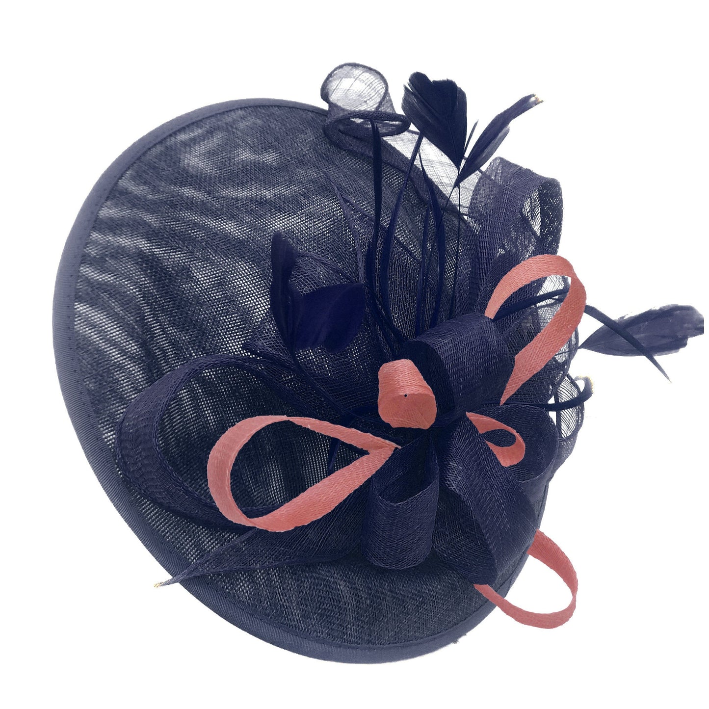 Caprilite Big Saucer Sinamay Navy Blue & Dusty Pink Mixed Colour Fascinator On Headband